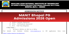 MANIT Bhopal PG Admissions 2026 27 Open  Apply by June 1